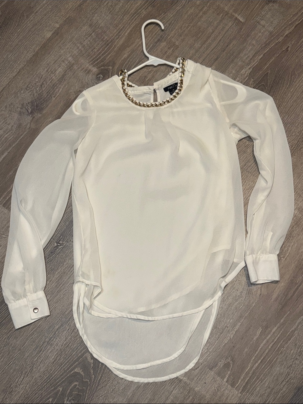 Rue21 Ivory Chiffon Blouse with Gold Chain Neckline